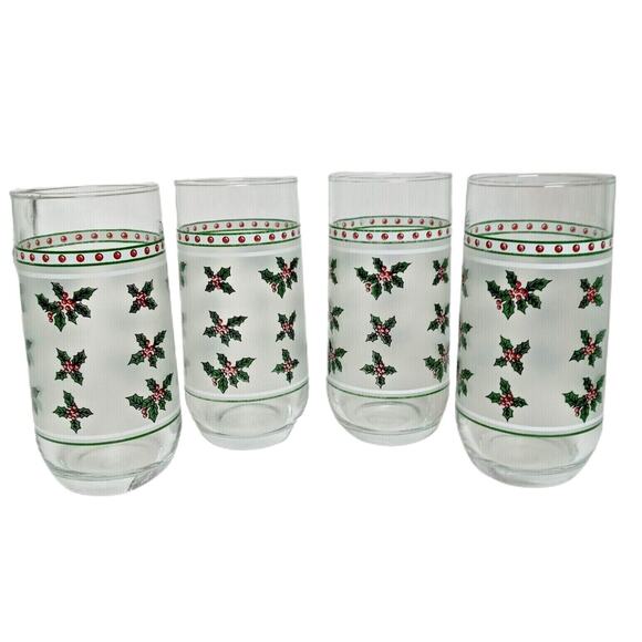 🎄🎅🏼Vintage Frosted Christmas Holly Glasses (Set of 4) Libbey - Picture 3 of 10